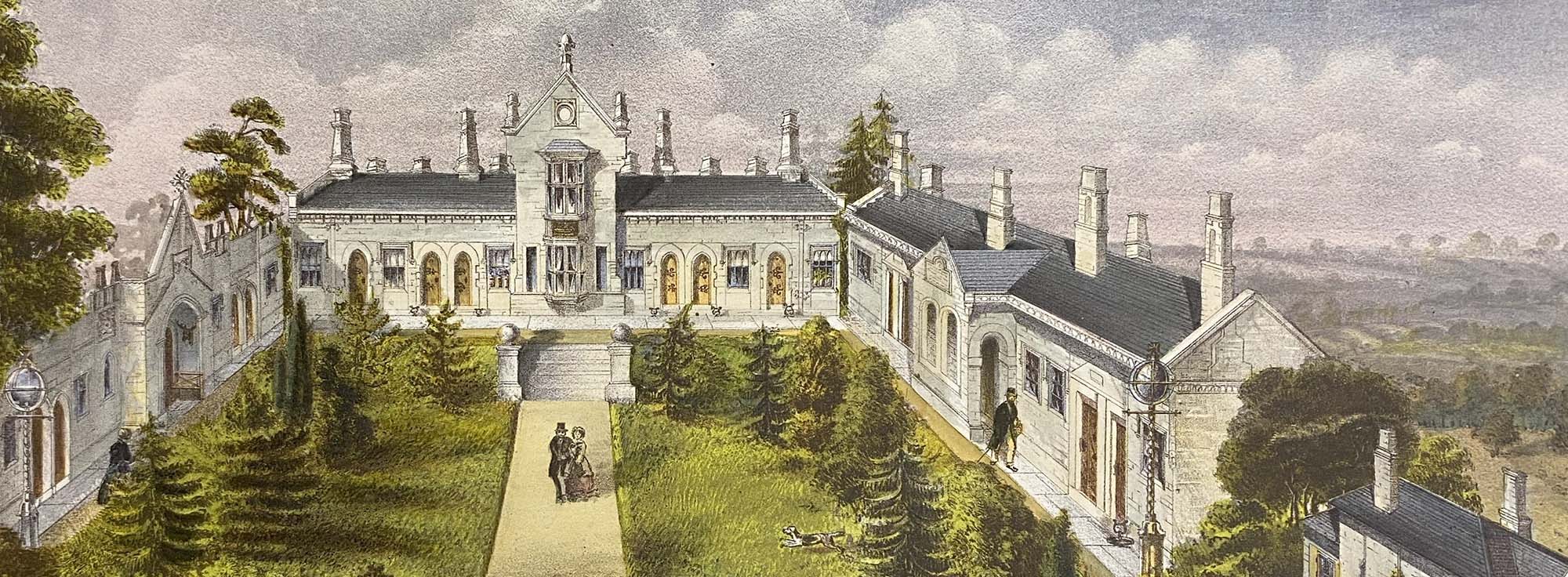 drawing of a stone building and chapel