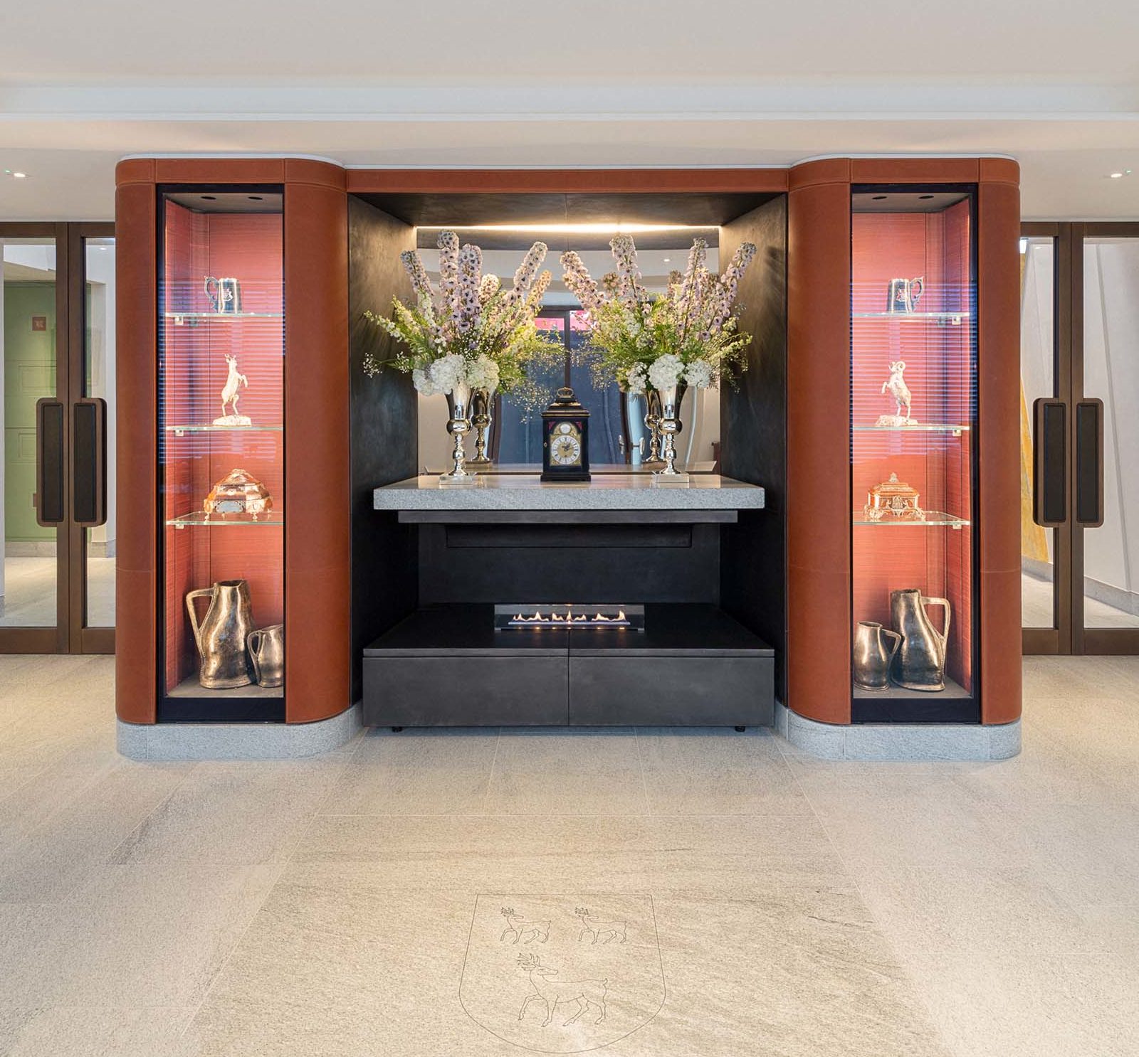 display cases and fire place